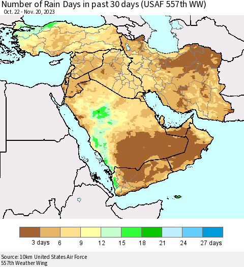 Middle East and Turkey Number of Rain Days in past 30 days (USAF 557th WW) 11/20/2023 Thematic Map For 11/16/2023 - 11/20/2023