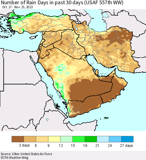 Middle East and Turkey Number of Rain Days in past 30 days (USAF 557th WW) 11/25/2023 Thematic Map For 11/21/2023 - 11/25/2023