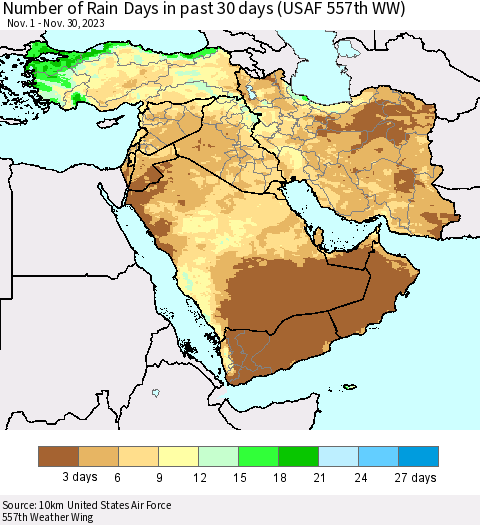 Middle East and Turkey Number of Rain Days in past 30 days (USAF 557th WW) 11/30/2023 Thematic Map For 11/26/2023 - 11/30/2023
