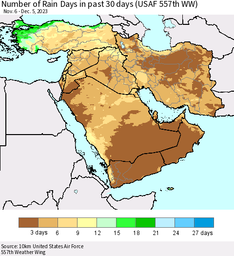 Middle East and Turkey Number of Rain Days in past 30 days (USAF 557th WW) 12/05/2023 Thematic Map For 12/1/2023 - 12/5/2023