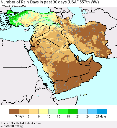 Middle East and Turkey Number of Rain Days in past 30 days (USAF 557th WW) 12/10/2023 Thematic Map For 12/6/2023 - 12/10/2023