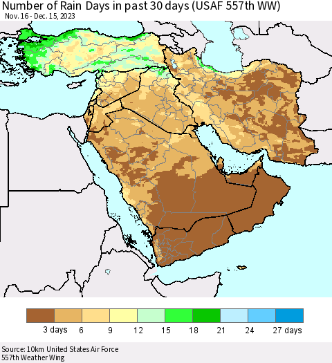 Middle East and Turkey Number of Rain Days in past 30 days (USAF 557th WW) 12/15/2023 Thematic Map For 12/11/2023 - 12/15/2023