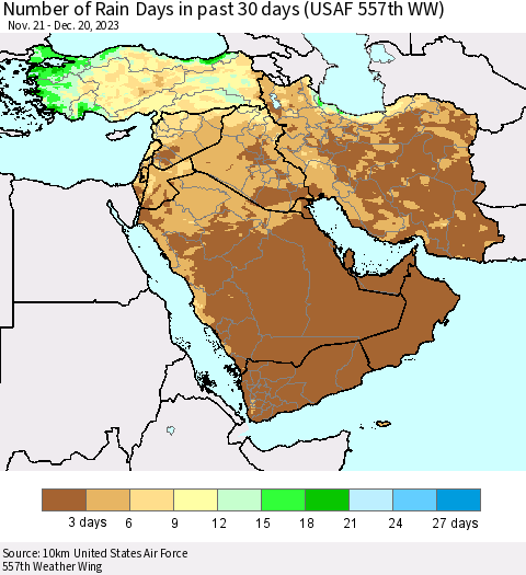 Middle East and Turkey Number of Rain Days in past 30 days (USAF 557th WW) 12/20/2023 Thematic Map For 12/16/2023 - 12/20/2023