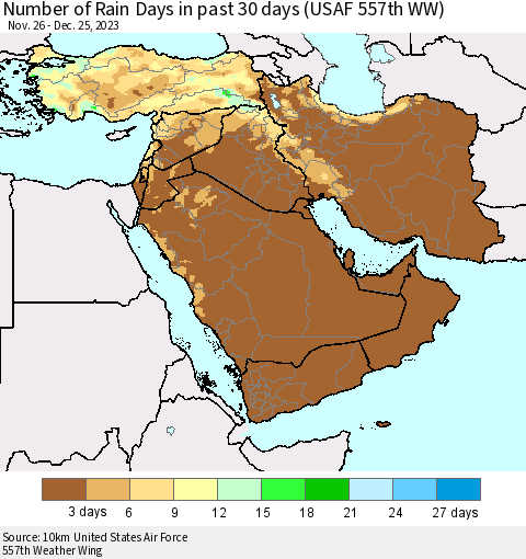 Middle East and Turkey Number of Rain Days in past 30 days (USAF 557th WW) Thematic Map For 12/21/2023 - 12/25/2023
