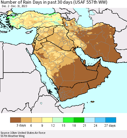 Middle East and Turkey Number of Rain Days in past 30 days (USAF 557th WW) 12/31/2023 Thematic Map For 12/26/2023 - 12/31/2023