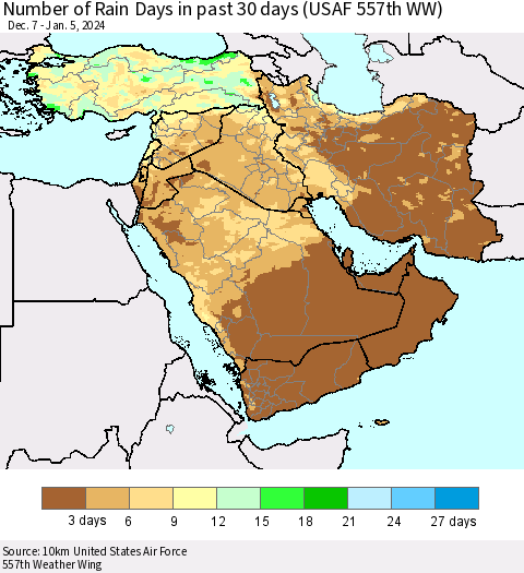 Middle East and Turkey Number of Rain Days in past 30 days (USAF 557th WW) 01/05/2024 Thematic Map For 1/1/2024 - 1/5/2024