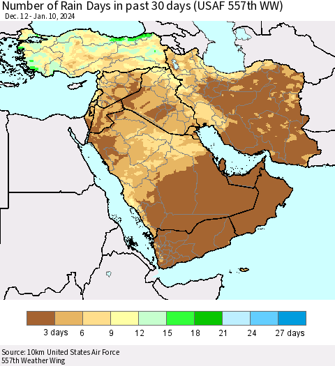 Middle East and Turkey Number of Rain Days in past 30 days (USAF 557th WW) 01/10/2024 Thematic Map For 1/6/2024 - 1/10/2024