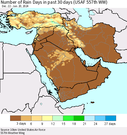 Middle East and Turkey Number of Rain Days in past 30 days (USAF 557th WW) 01/20/2024 Thematic Map For 1/16/2024 - 1/20/2024
