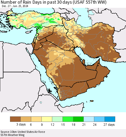 Middle East and Turkey Number of Rain Days in past 30 days (USAF 557th WW) 01/25/2024 Thematic Map For 1/21/2024 - 1/25/2024