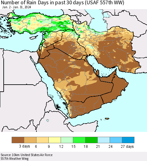 Middle East and Turkey Number of Rain Days in past 30 days (USAF 557th WW) 01/31/2024 Thematic Map For 1/26/2024 - 1/31/2024