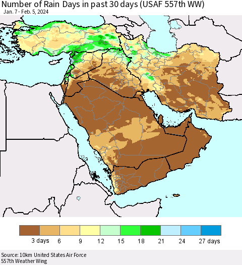 Middle East and Turkey Number of Rain Days in past 30 days (USAF 557th WW) 02/05/2024 Thematic Map For 2/1/2024 - 2/5/2024