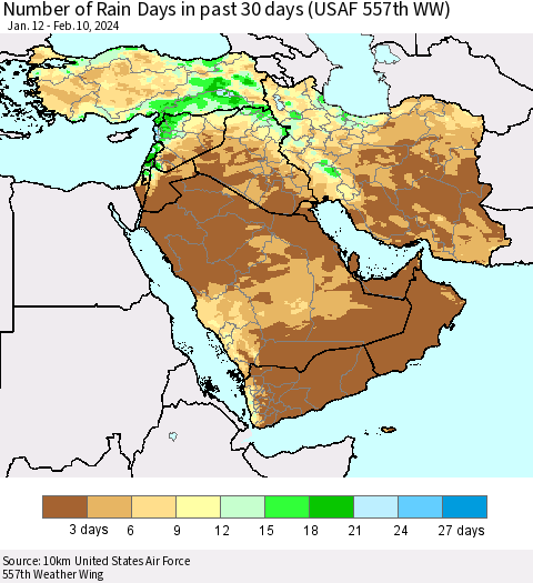 Middle East and Turkey Number of Rain Days in past 30 days (USAF 557th WW) 02/10/2024 Thematic Map For 2/6/2024 - 2/10/2024