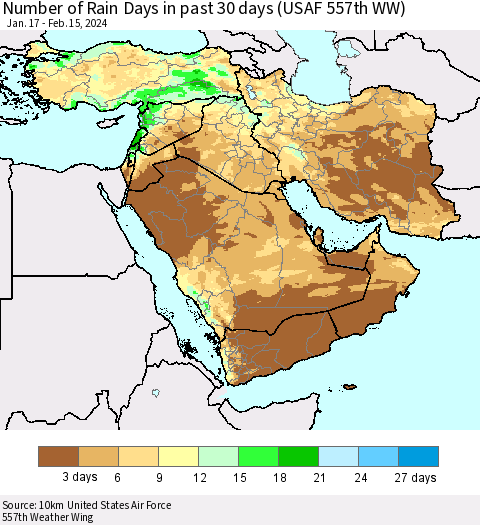Middle East and Turkey Number of Rain Days in past 30 days (USAF 557th WW) 02/15/2024 Thematic Map For 2/11/2024 - 2/15/2024