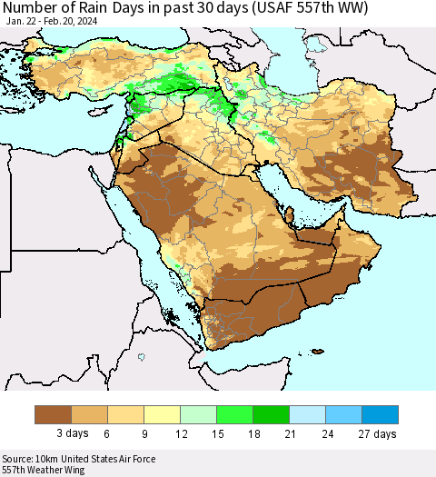 Middle East and Turkey Number of Rain Days in past 30 days (USAF 557th WW) 02/20/2024 Thematic Map For 2/16/2024 - 2/20/2024