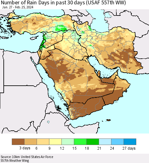 Middle East and Turkey Number of Rain Days in past 30 days (USAF 557th WW) 02/25/2024 Thematic Map For 2/21/2024 - 2/25/2024