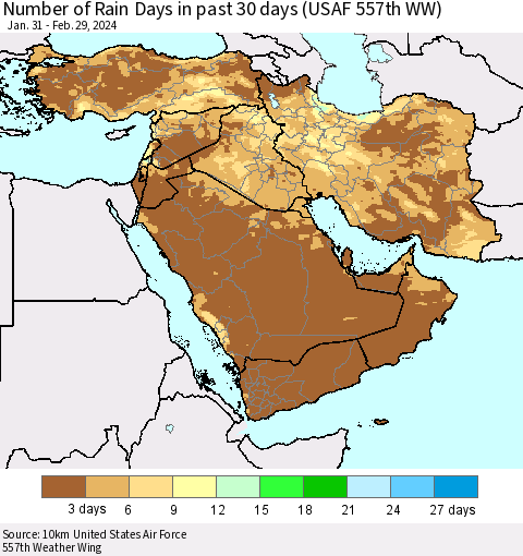 Middle East and Turkey Number of Rain Days in past 30 days (USAF 557th WW) 02/29/2024 Thematic Map For 2/26/2024 - 2/29/2024