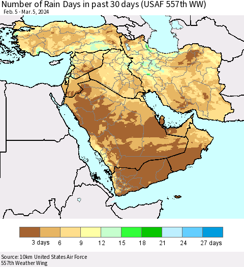 Middle East and Turkey Number of Rain Days in past 30 days (USAF 557th WW) 03/05/2024 Thematic Map For 3/1/2024 - 3/5/2024