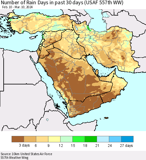 Middle East and Turkey Number of Rain Days in past 30 days (USAF 557th WW) 03/10/2024 Thematic Map For 3/6/2024 - 3/10/2024