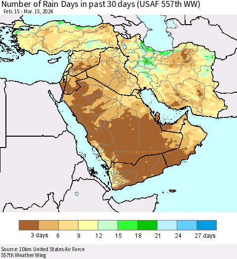 Middle East and Turkey Number of Rain Days in past 30 days (USAF 557th WW) 03/15/2024 Thematic Map For 3/11/2024 - 3/15/2024