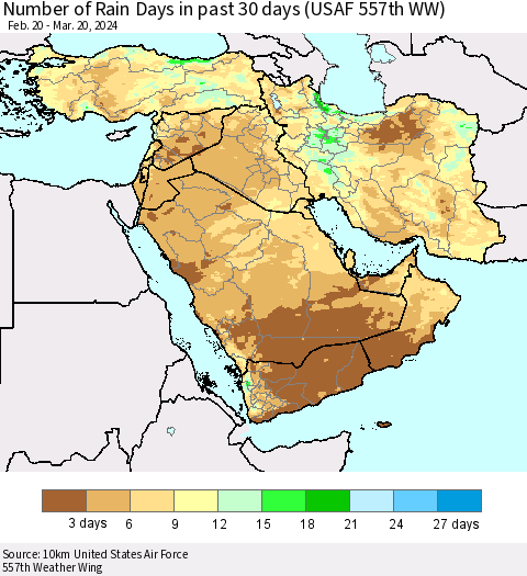 Middle East and Turkey Number of Rain Days in past 30 days (USAF 557th WW) 03/20/2024 Thematic Map For 3/16/2024 - 3/20/2024