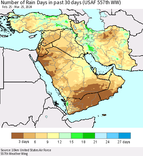 Middle East and Turkey Number of Rain Days in past 30 days (USAF 557th WW) 03/25/2024 Thematic Map For 3/21/2024 - 3/25/2024