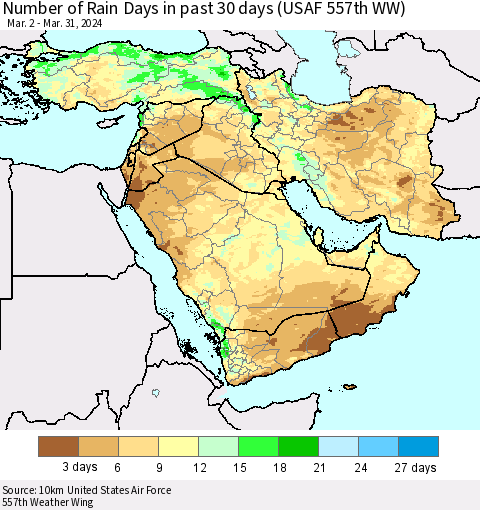 Middle East and Turkey Number of Rain Days in past 30 days (USAF 557th WW) 03/31/2024 Thematic Map For 3/26/2024 - 3/31/2024
