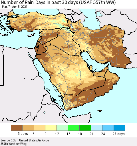 Middle East and Turkey Number of Rain Days in past 30 days (USAF 557th WW) 04/05/2024 Thematic Map For 4/1/2024 - 4/5/2024