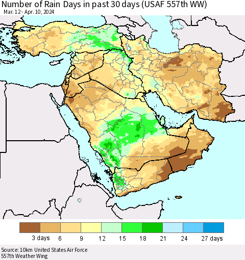 Middle East and Turkey Number of Rain Days in past 30 days (USAF 557th WW) 04/10/2024 Thematic Map For 4/6/2024 - 4/10/2024