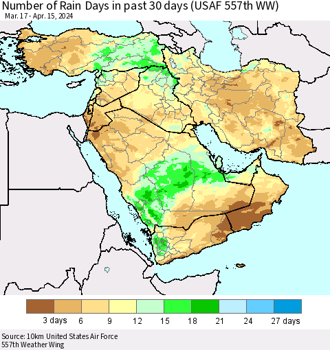 Middle East and Turkey Number of Rain Days in past 30 days (USAF 557th WW) 04/15/2024 Thematic Map For 4/11/2024 - 4/15/2024