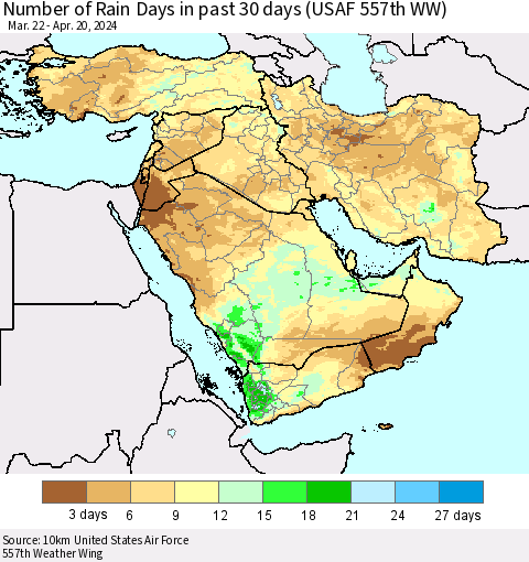 Middle East and Turkey Number of Rain Days in past 30 days (USAF 557th WW) 04/20/2024 Thematic Map For 4/16/2024 - 4/20/2024