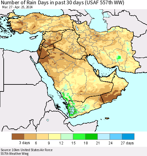 Middle East and Turkey Number of Rain Days in past 30 days (USAF 557th WW) 04/25/2024 Thematic Map For 4/21/2024 - 4/25/2024