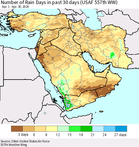 Middle East and Turkey Number of Rain Days in past 30 days (USAF 557th WW) 04/30/2024 Thematic Map For 4/26/2024 - 4/30/2024