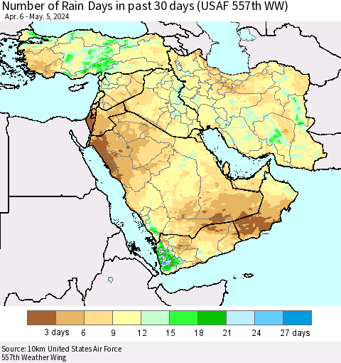 Middle East and Turkey Number of Rain Days in past 30 days (USAF 557th WW) 05/05/2024 Thematic Map For 5/1/2024 - 5/5/2024