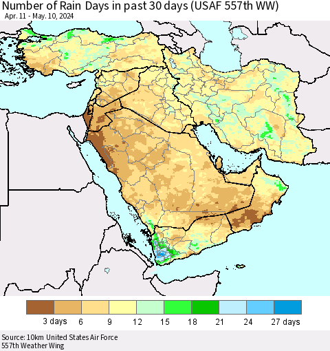 Middle East and Turkey Number of Rain Days in past 30 days (USAF 557th WW) 05/10/2024 Thematic Map For 5/6/2024 - 5/10/2024