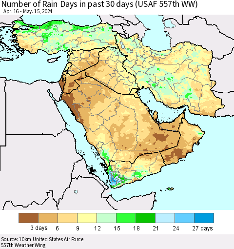 Middle East and Turkey Number of Rain Days in past 30 days (USAF 557th WW) 05/15/2024 Thematic Map For 5/11/2024 - 5/15/2024
