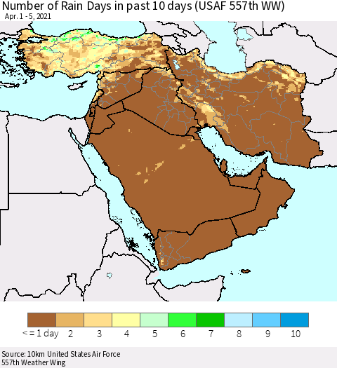 Middle East and Turkey Number of Rain Days in past 10 days (USAF 557th WW) Thematic Map For 4/1/2021 - 4/5/2021