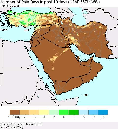 Middle East and Turkey Number of Rain Days in past 10 days (USAF 557th WW) Thematic Map For 4/6/2021 - 4/10/2021