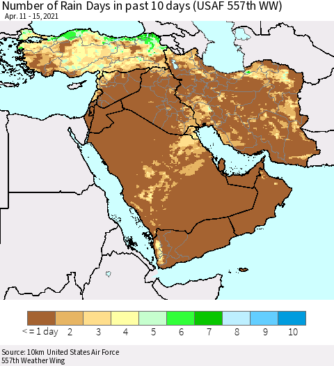 Middle East and Turkey Number of Rain Days in past 10 days (USAF 557th WW) Thematic Map For 4/11/2021 - 4/15/2021