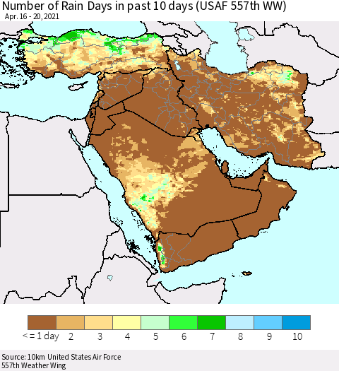 Middle East and Turkey Number of Rain Days in past 10 days (USAF 557th WW) Thematic Map For 4/16/2021 - 4/20/2021