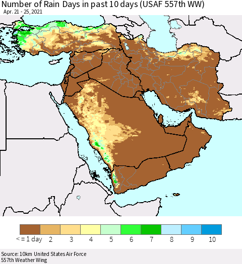 Middle East and Turkey Number of Rain Days in past 10 days (USAF 557th WW) Thematic Map For 4/21/2021 - 4/25/2021