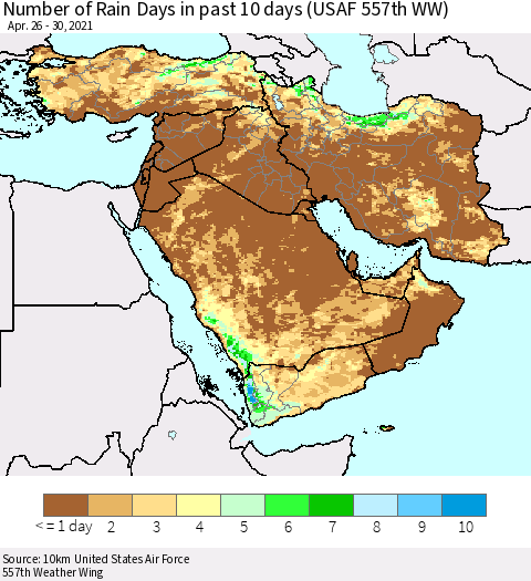 Middle East and Turkey Number of Rain Days in past 10 days (USAF 557th WW) Thematic Map For 4/26/2021 - 4/30/2021