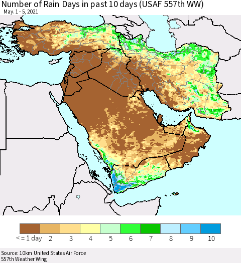 Middle East and Turkey Number of Rain Days in past 10 days (USAF 557th WW) Thematic Map For 5/1/2021 - 5/5/2021