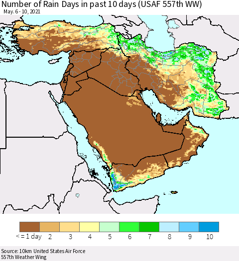 Middle East and Turkey Number of Rain Days in past 10 days (USAF 557th WW) Thematic Map For 5/6/2021 - 5/10/2021