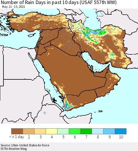Middle East and Turkey Number of Rain Days in past 10 days (USAF 557th WW) Thematic Map For 5/11/2021 - 5/15/2021