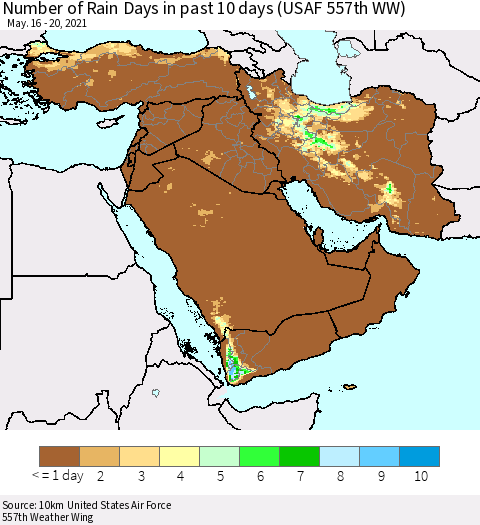 Middle East and Turkey Number of Rain Days in past 10 days (USAF 557th WW) Thematic Map For 5/16/2021 - 5/20/2021