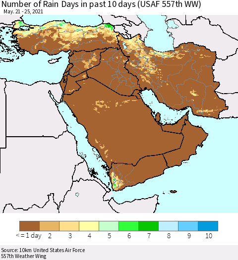 Middle East and Turkey Number of Rain Days in past 10 days (USAF 557th WW) Thematic Map For 5/21/2021 - 5/25/2021