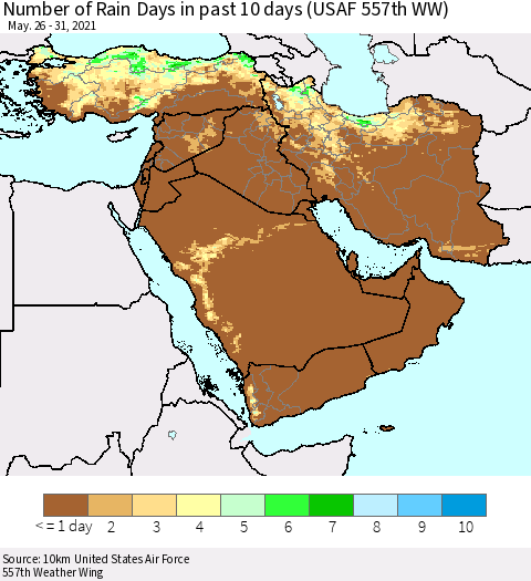 Middle East and Turkey Number of Rain Days in past 10 days (USAF 557th WW) Thematic Map For 5/26/2021 - 5/31/2021