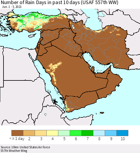 Middle East and Turkey Number of Rain Days in past 10 days (USAF 557th WW) Thematic Map For 6/1/2021 - 6/5/2021