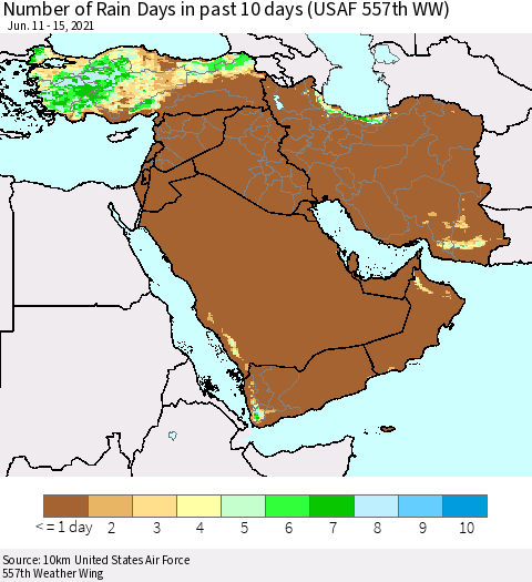 Middle East and Turkey Number of Rain Days in past 10 days (USAF 557th WW) Thematic Map For 6/11/2021 - 6/15/2021