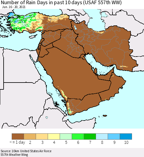 Middle East and Turkey Number of Rain Days in past 10 days (USAF 557th WW) Thematic Map For 6/16/2021 - 6/20/2021
